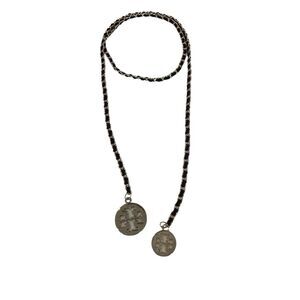 Tory Burch Black Genuine Leather Gold Tone Lariat Chain Necklace